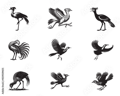 Collection of Red-legged seriema Vector illustration - Cute Cariama cristata Bird Silhouette Design
