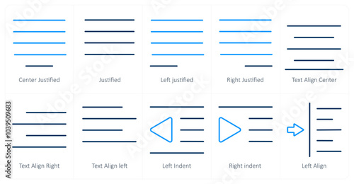 A set of 10 editing tools icons as center justified, justified, left justified