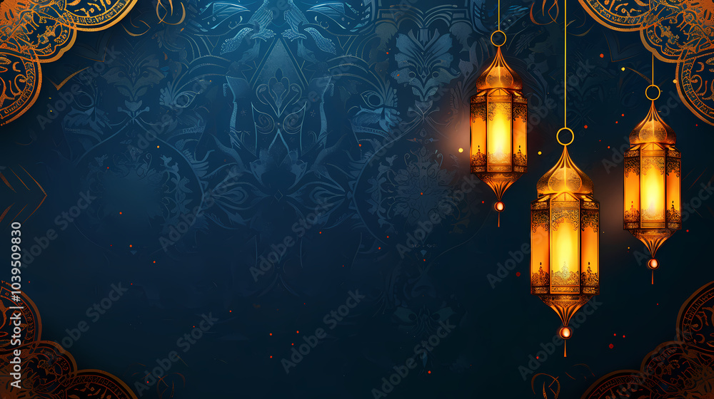 Three ornate lanterns hang against a deep blue background with a subtle, intricate, gold design. The lanterns are lit, casting a warm glow. Three ornate lanterns hang against a deep blue background with a subtle, intricate, gold design. The lanterns are lit, casting a warm glow.