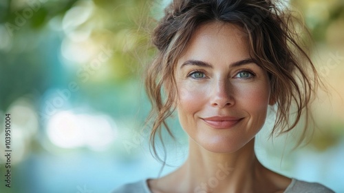 A woman with brown hair and blue eyes is smiling and looking at the camera. She has a messy bun on her head and is wearing a white shirt