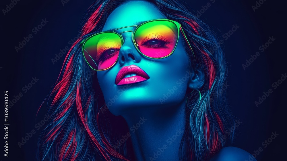 Obraz premium A woman dons neon glasses, hair billowing in the wind, sun partially veiling her face