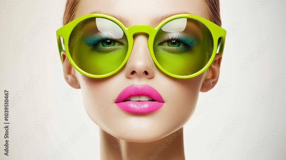 A women wearing green glasses gazes intently Her face is accentuated by a swipe of pink lipstick on her full lower lip, while the corners of her eyes are lined with green A women wearing green glasses gazes intently Her face is accentuated by a swipe of pink lipstick on her full lower lip, while the corners of her eyes are lined with green