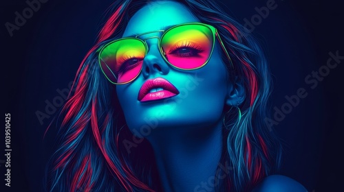  A woman dons neon glasses, hair billowing in the wind, sun partially veiling her face