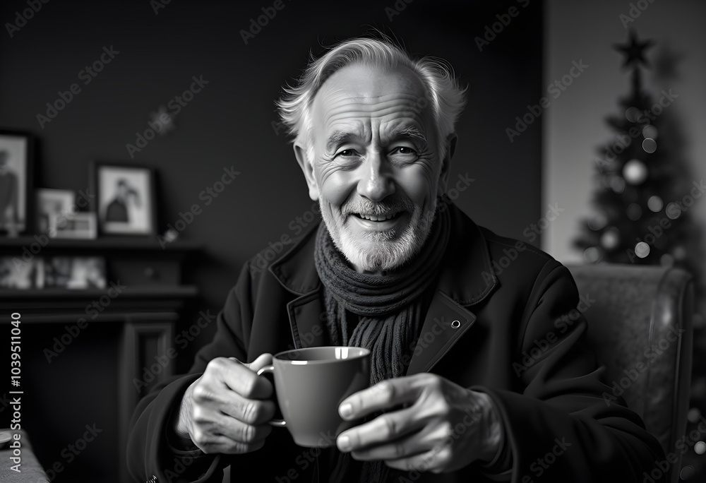 Smiling Senior Man Wrinkled Face and a Cup of Tea or Coffee in Hand Smiling Senior Man Wrinkled Face and a Cup of Tea or Coffee in Hand