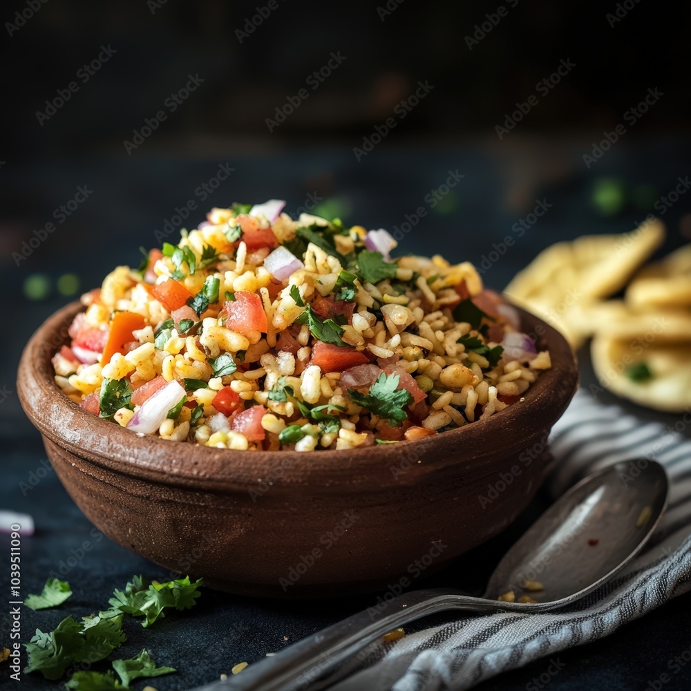 Delicious vegetarian mexican rice and corn salad in wooden bowl Delicious vegetarian mexican rice and corn salad in wooden bowl