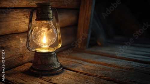 An old oil lamp with a warm glow on a wooden background