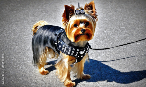 Dogs. Yorkshire Terrier. Dog in a beautiful harness, collar.