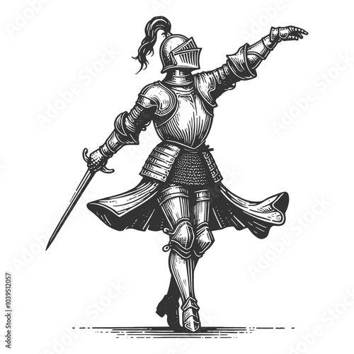 knight in full armor dancing joyfully, medieval imagery with playful, humorous elements sketch engraving generative ai vector illustration. Scratch board imitation. Black and white image.