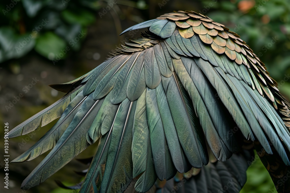 Obraz premium Close up of a nicobar pigeon showing the iridescent feathers on its wingspan
