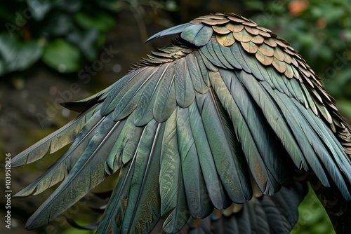 Close up of a nicobar pigeon showing the iridescent feathers on its wingspan photo