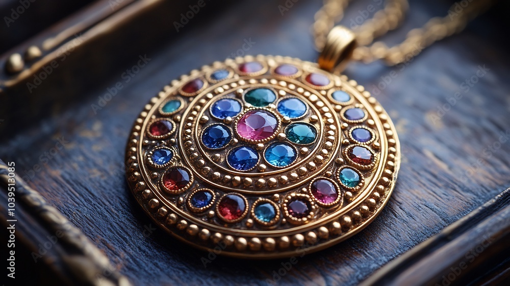 Obraz premium Ornate gold locket with precious gemstones detailed with fine filigree work lying on a vintage jewelry tray evoking timeless luxury