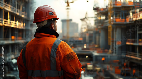 A construction worker in an orange jumpsuit and hard hat gazes out at a large construction site, the setting sun casting a warm glow over the scene.