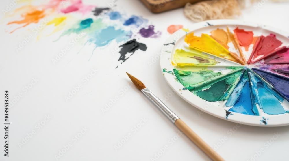 An artist's watercolor palette filled with vibrant, bold colors, arranged in neat rows. A single paintbrush rests beside the palette, its bristles slightly stained, ready to create vivid works of art. An artist's watercolor palette filled with vibrant, bold colors, arranged in neat rows. A single paintbrush rests beside the palette, its bristles slightly stained, ready to create vivid works of art.