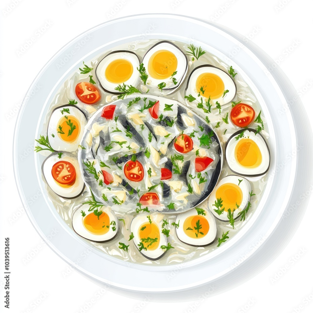 A plate of seafood soup with fish, quail eggs, tomatoes, and herbs. A plate of seafood soup with fish, quail eggs, tomatoes, and herbs.