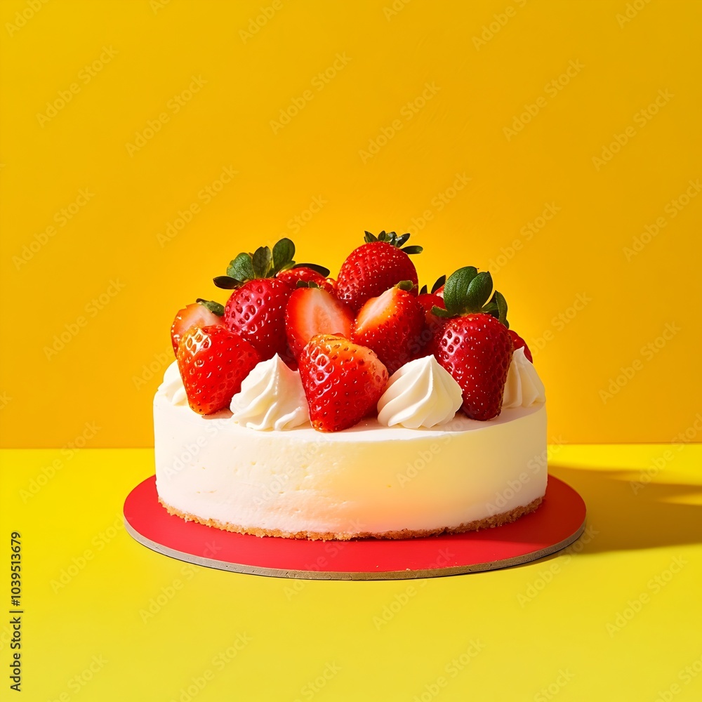 Minimalist Strawberry Cheesecake on Vibrant Yellow Background Minimalist Strawberry Cheesecake on Vibrant Yellow Background