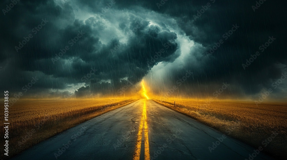 A dramatic road stretching towards a stormy sky, surrounded by golden fields, creating a captivating contrast between nature's beauty and fury. A dramatic road stretching towards a stormy sky, surrounded by golden fields, creating a captivating contrast between nature's beauty and fury.