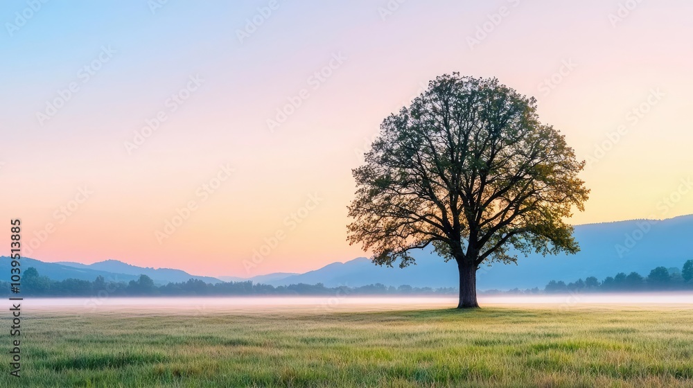 Lone tree in a serene field at sunrise with misty mountains in the background. Lone tree in a serene field at sunrise with misty mountains in the background.