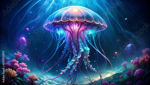 A luminous jellyfish suspended in a celestial panorama, its bioluminescent tendrils cascading through a field of vibrant flora, with a shimmering celestial landscape in the background.