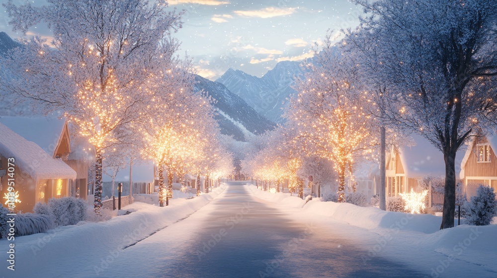 Winter scene featuring snow-covered street lined with glowing trees, picturesque houses, and distant mountains under a serene sky. Winter scene featuring snow-covered street lined with glowing trees, picturesque houses, and distant mountains under a serene sky.