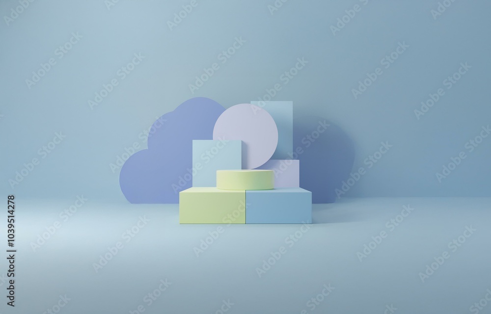 A cloud shaped cutout against a blue background with geometric shapes, creating a simple display stand. A cloud shaped cutout against a blue background with geometric shapes, creating a simple display stand.