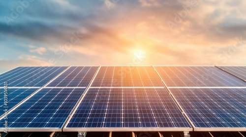 Solar panels under bright sunlight with cloudy sky background.