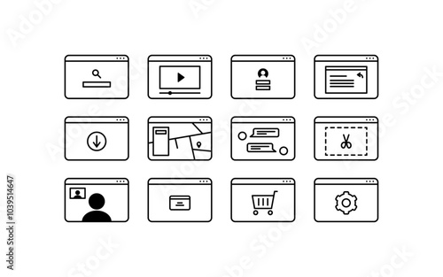 Website browser icon design collection. Black linear icons vector illustration.  