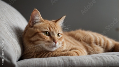 portrait of a cat, elaxed ginger tabby cat lounging on a soft couch, neutral background, capturing the cat's calm and peaceful expression in natural lighting, animal lovers, pet-related designs