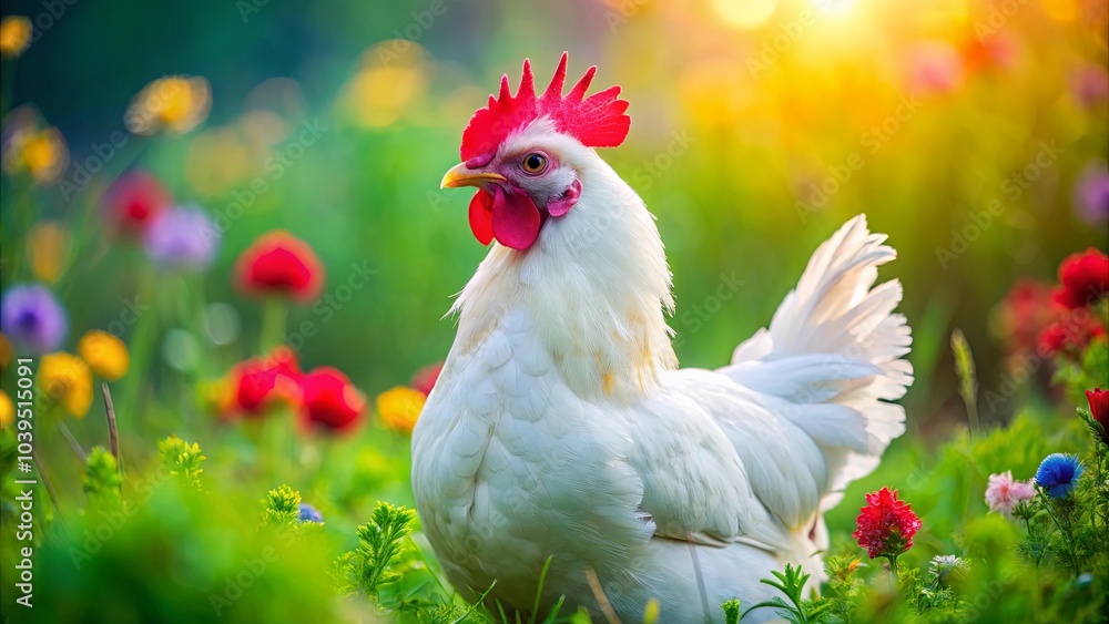 A white hen with a bright red comb stands amidst a vibrant floral meadow, bathed in warm sunlight. A white hen with a bright red comb stands amidst a vibrant floral meadow, bathed in warm sunlight.