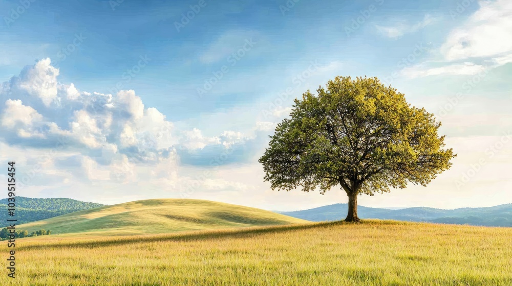 A solitary tree standing on a green hill against a clear blue sky with fluffy clouds. A solitary tree standing on a green hill against a clear blue sky with fluffy clouds.