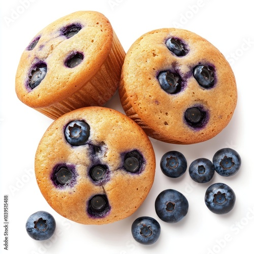 Three blueberry muffins with fresh blueberries scattered around them.