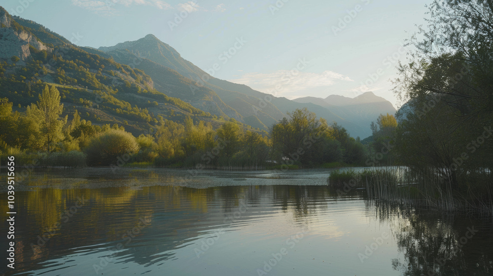 Fototapeta premium 清澈的湖水和雄伟的山脉，夏天风景，自然爱好者和旅游爱好者的完美景观。