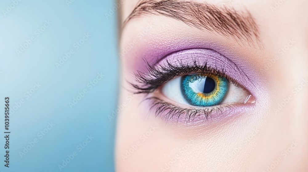 Obraz premium A woman's blue eye with close-up view, accentuated by purple and yellow eyeliner against a blue background