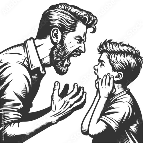 angry father man shouting at his son young boy, intense emotional confrontation, dramatic expression sketch engraving generative ai vector illustration. Scratch board imitation. Black and white image.