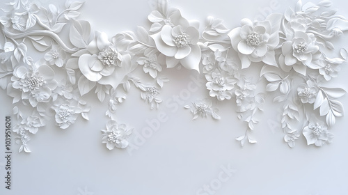 A white wall with a floral design on it. The design is made up of white flowers and leaves, and it is very detailed and intricate. Scene is elegant and sophisticated