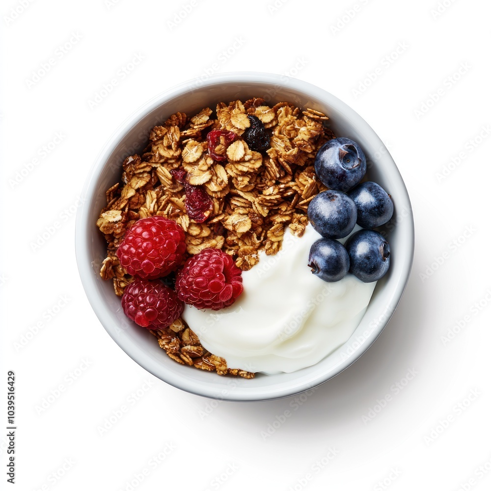 A bowl of granola topped with yogurt, raspberries, and blueberries, perfect for a healthy breakfast. A bowl of granola topped with yogurt, raspberries, and blueberries, perfect for a healthy breakfast.