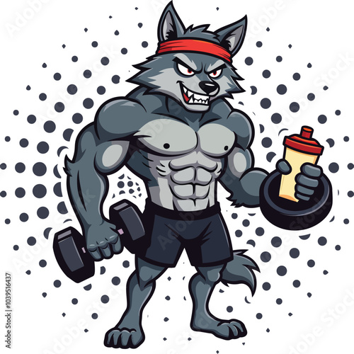 Strong cartoon wolf lifting dumbbells and holding protein shake for fitness