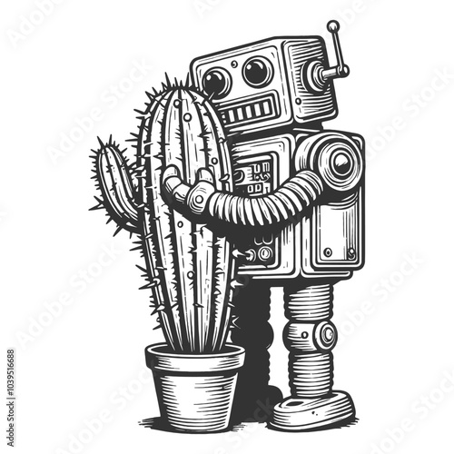 retro robot hugging a tall cactus, blending humor, quirky character design, technology and nature sketch engraving generative ai vector illustration. Black and white image.