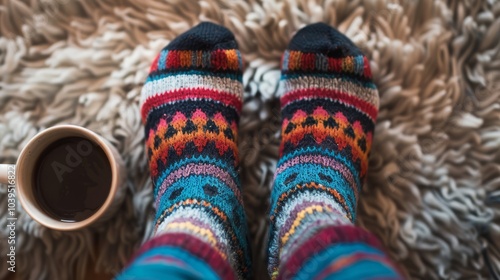 feet in knitted socks with a cup of coffee.