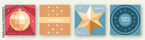 Set of Merry Christmas and Happy New Year greeting cards, covers or posters with holiday attributes. Christmas background. Flat design. Vector illustration
