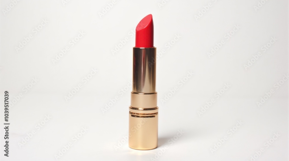 A vibrant red lipstick tube, standing upright on a pristine white backdrop. The lid is off, revealing the striking red lipstick bullet, perfectly shaped for use. The sleek metallic casing adds a touch A vibrant red lipstick tube, standing upright on a pristine white backdrop. The lid is off, revealing the striking red lipstick bullet, perfectly shaped for use. The sleek metallic casing adds a touch