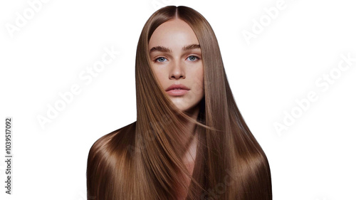 Portrait of a model girl with long straight shiny brown smooth healthy hair, natural beauty skin smooth skin for hair care and products, on transparent background, png
