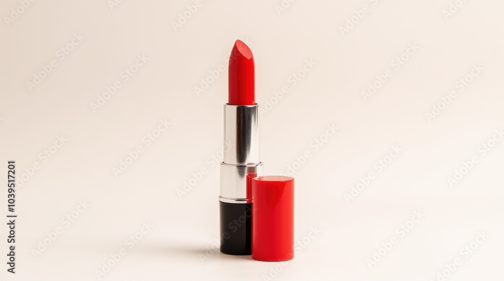 A vibrant red lipstick tube, standing upright on a pristine white backdrop. The lid is off, revealing the striking red lipstick bullet, perfectly shaped for use. The sleek metallic casing adds a touch A vibrant red lipstick tube, standing upright on a pristine white backdrop. The lid is off, revealing the striking red lipstick bullet, perfectly shaped for use. The sleek metallic casing adds a touch
