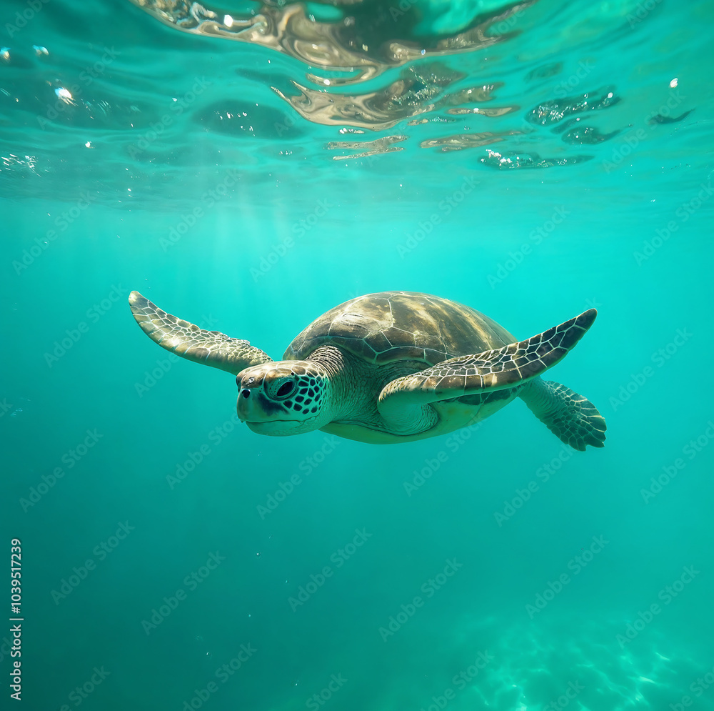 Fototapeta premium Majestic Sea Turtle Swimming in Clear Turquoise Waters isolated on a white background