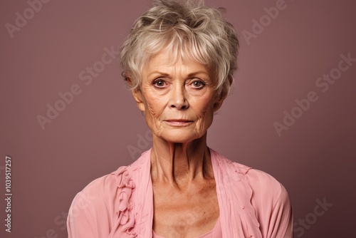 Elegant mature woman posing for portrait, capturing grace and experience against a white background