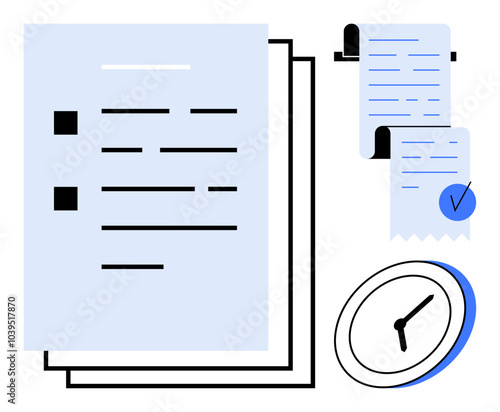 Several documents with bullet points, a clock, and a blue checkmarked receipt represent themes of organization, efficiency, and time management. Ideal for productivity, business planning, scheduling