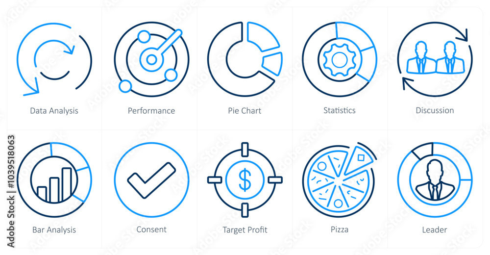A set of 10 web marketing icons as data analysis, performance, pie chart A set of 10 web marketing icons as data analysis, performance, pie chart