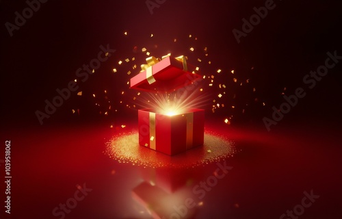 An open red gift box with a golden bow and ribbon, sparkles and glows with golden confetti around it. photo