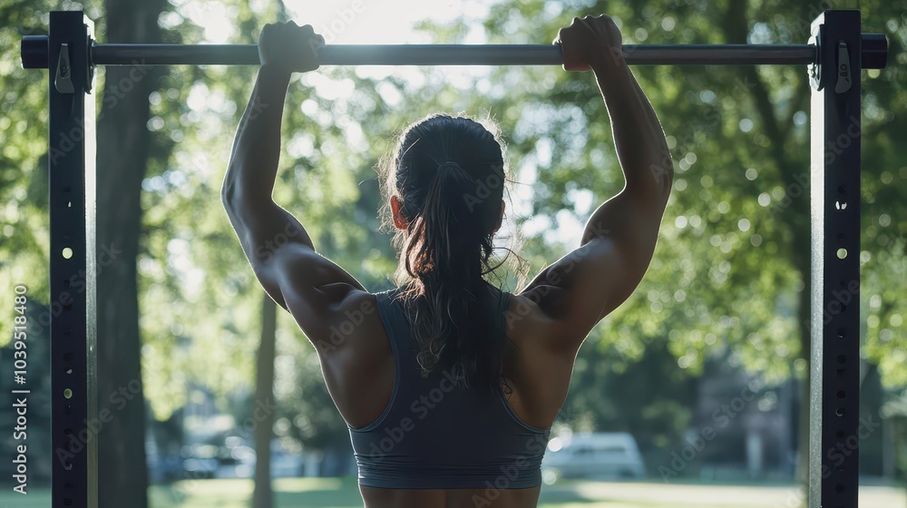 Fototapeta premium A female athlete doing pull-ups in a park, her strong arms visibly working as she powers through the exercise 