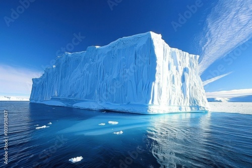 Giant tabular iceberg floating on blue arctic ocean under clear sky photo