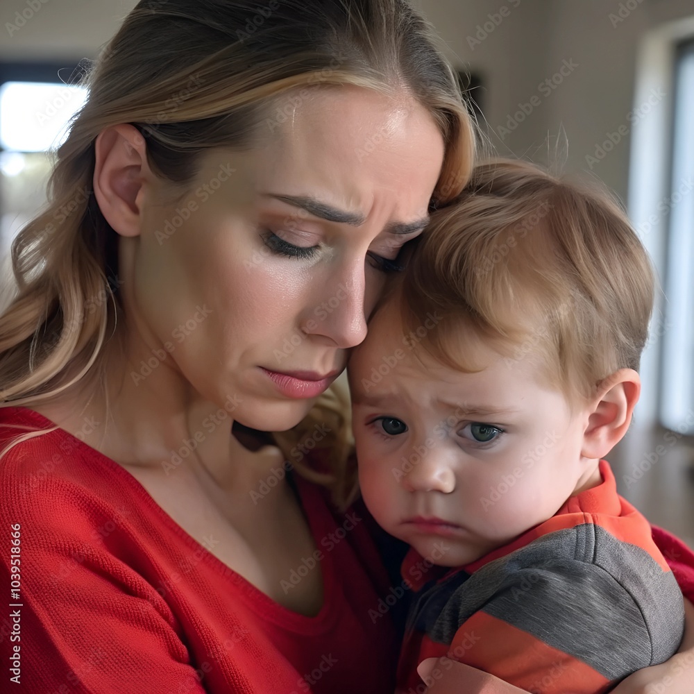 Beautiful tired, sad mother holding her son Beautiful tired, sad mother holding her son